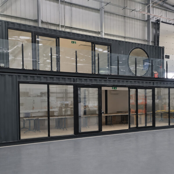 containerised offices mid grey glazed mezzanine