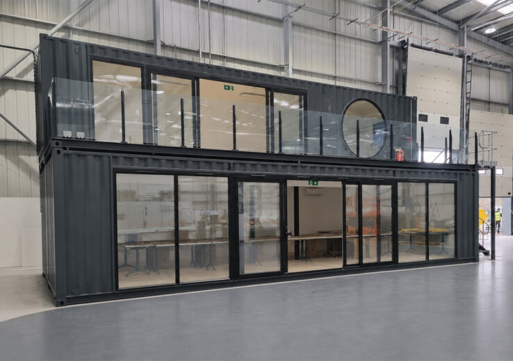 containerised offices mid grey glazed mezzanine