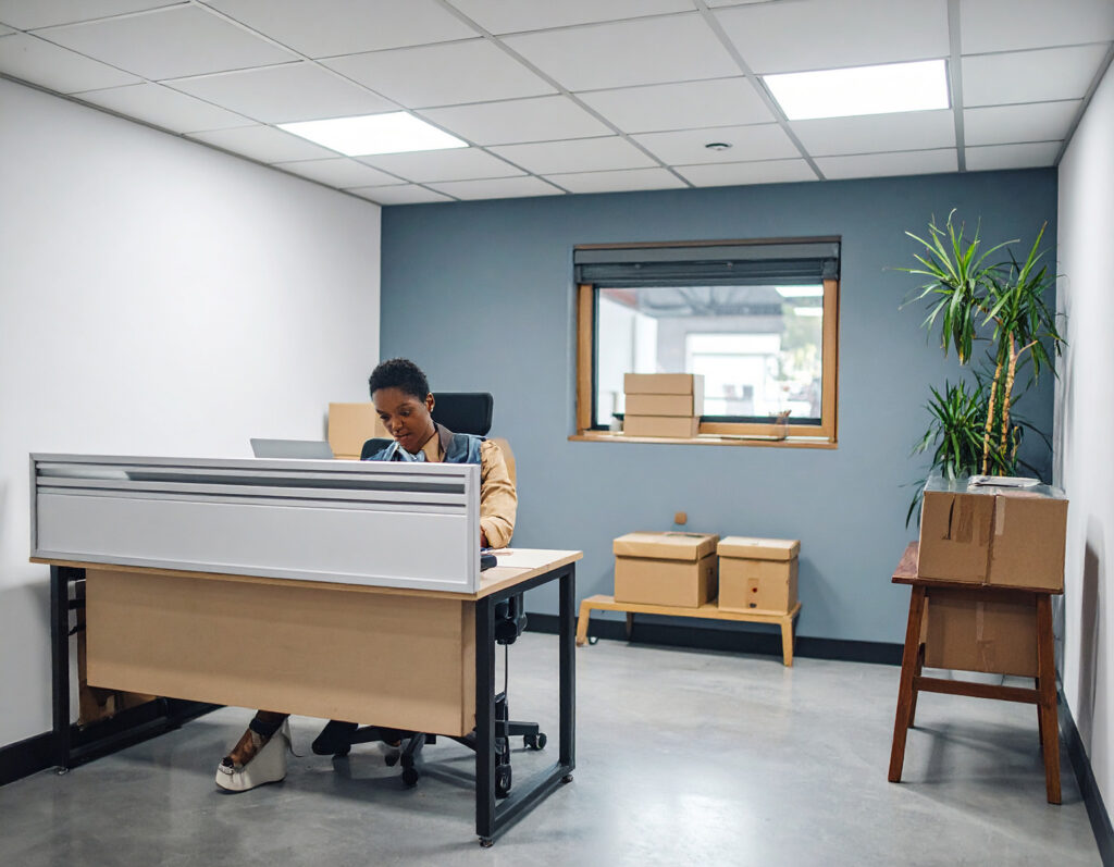 woman sitting at desk in office inside a warehouse